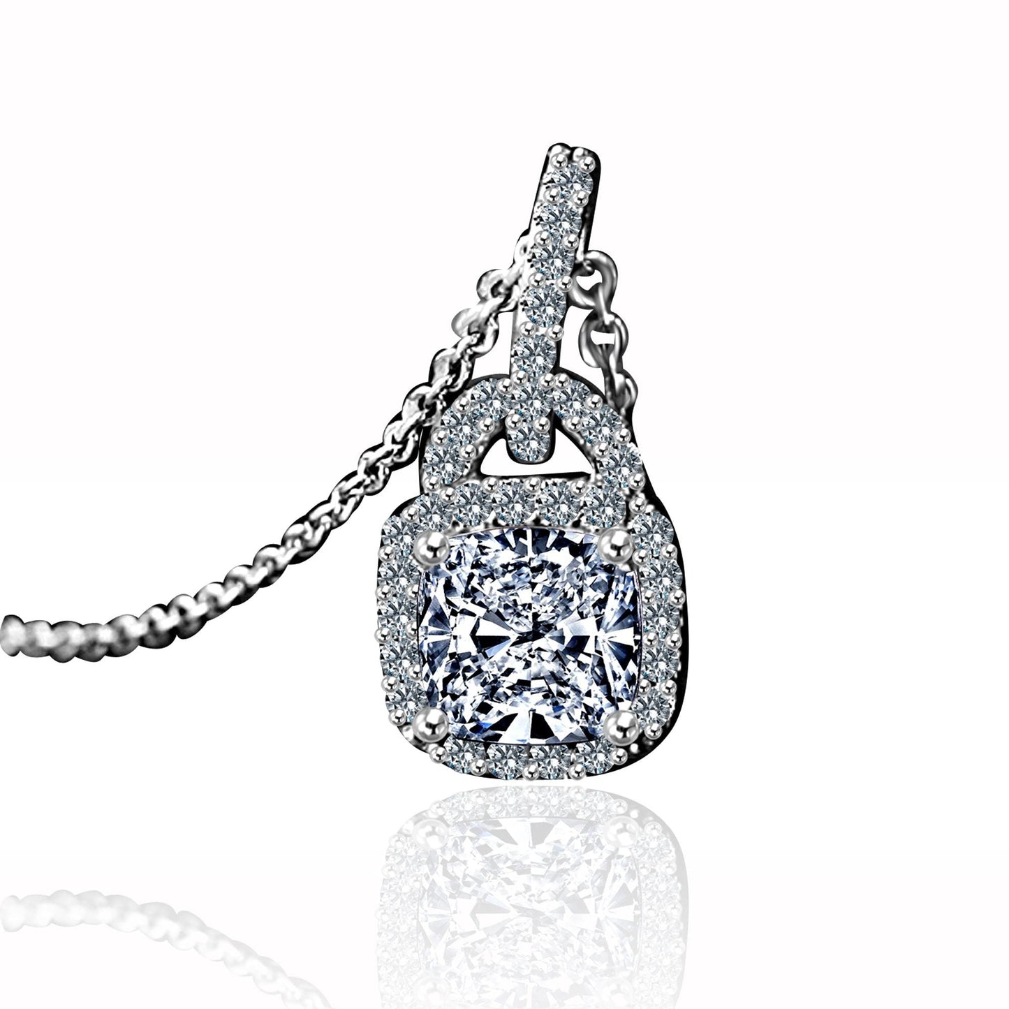 Cushion Square Cubic Zirconia Jeweled Bail Halo Sterling Silver Pendant Necklace