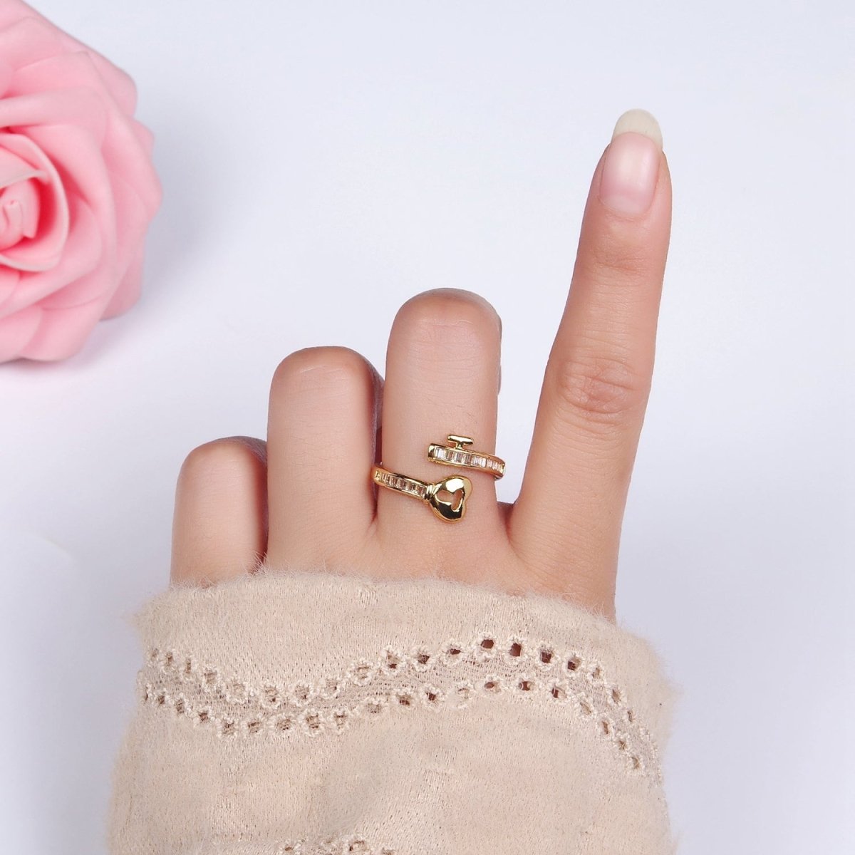 Sweet 14K Gold-Filled Baguette CZ Lined Heart Padlock Ring