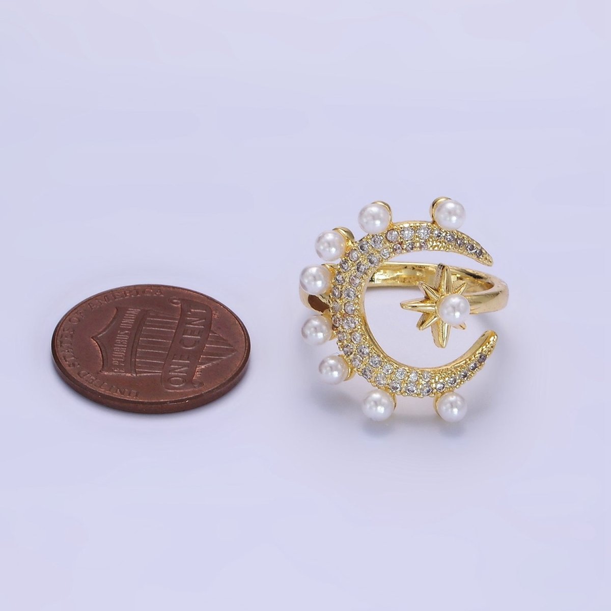 14K Gold Filled Celestial Crescent Moon Star Micro Pave CZ Pearl Ring