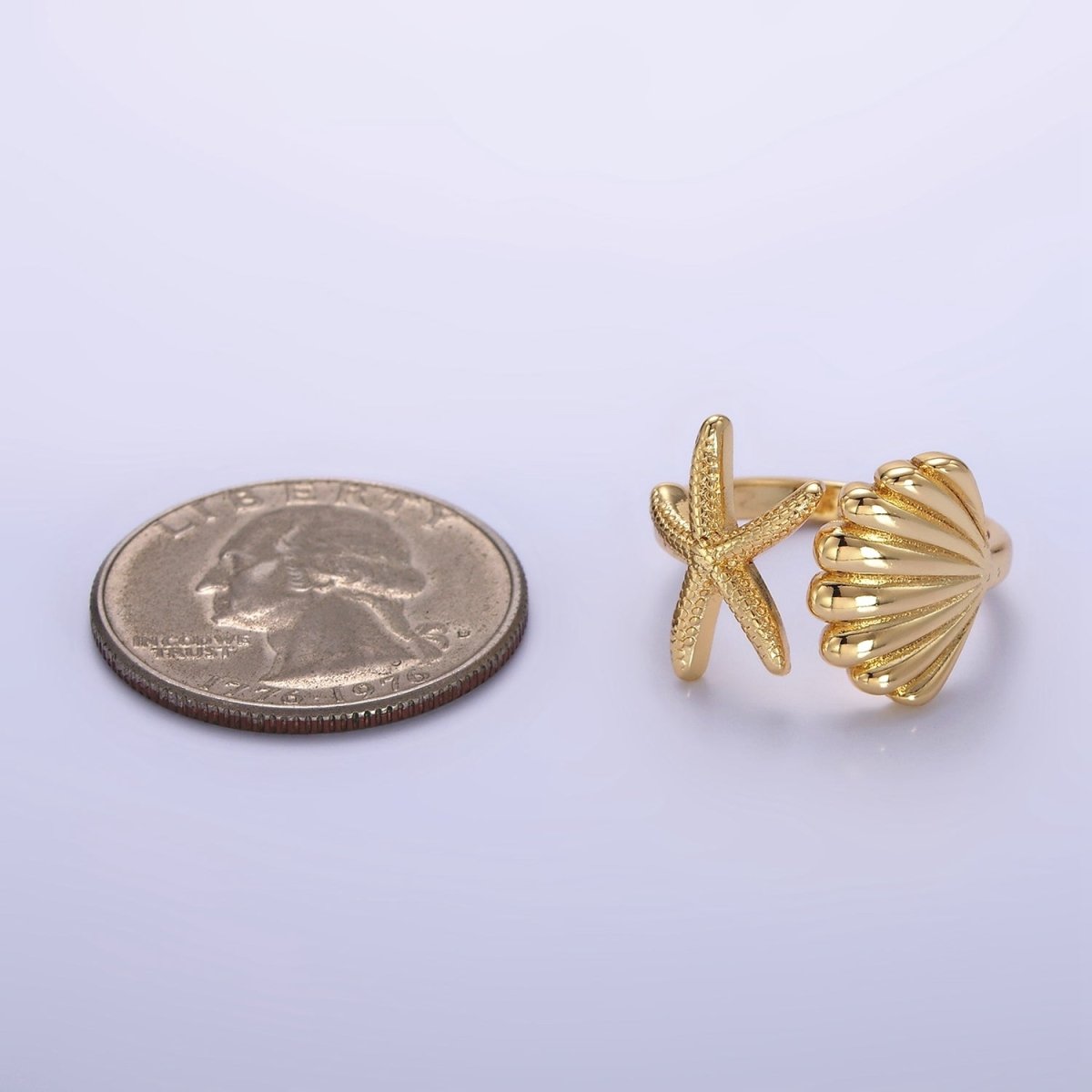 14K Gold Filled Ocean Starfish Clam Seashell Open Wrap Ring in Gold or Silver
