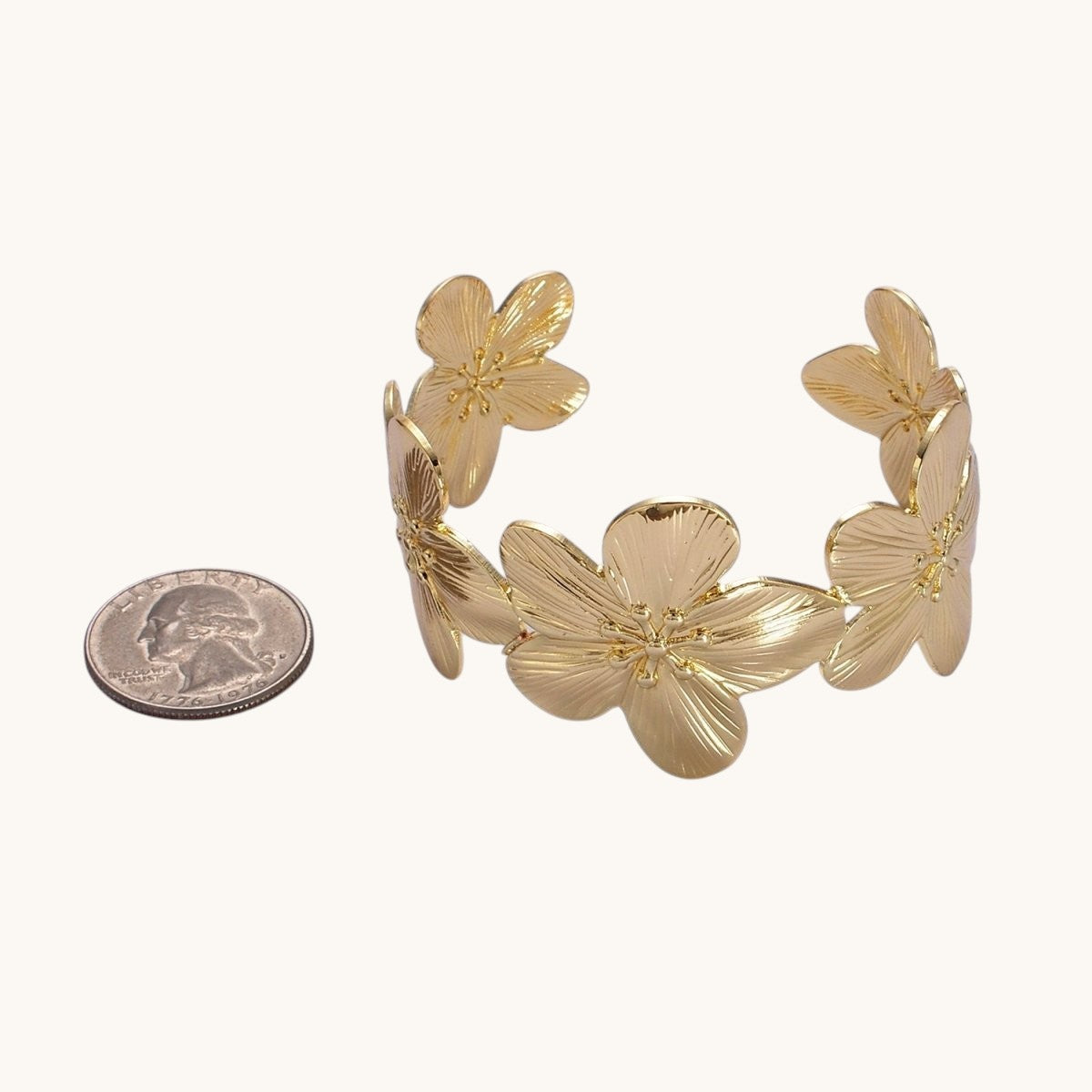 16K Gold Filled 50mm Flower Textured Wide Cuff Bracelet