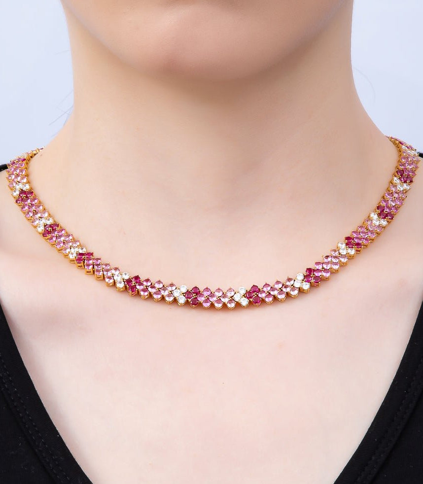 Gorgeous Gold Filled 8.7mm Pink Clear Gradient Motif Panther Tennis Chain 17 Inch Adjustable Necklace