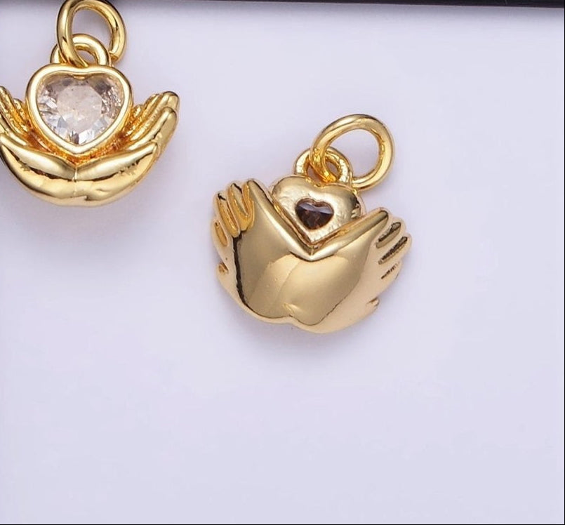Tiny 24K Gold Filled Heart CZ Hand Palm Gesture Charm