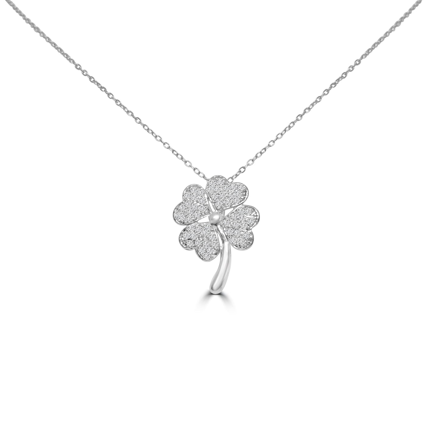 Good Luck Clover Leaf Cubic Zirconia Sterling Silver Pendant Necklace