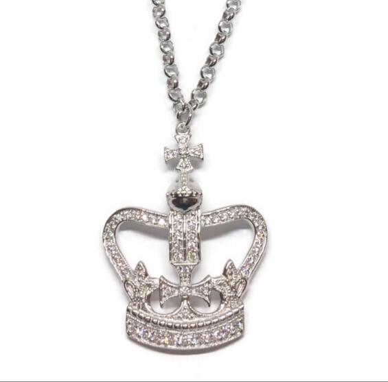 Sterling Silver Pave Cubic Zirconia Crown Pendant Necklace