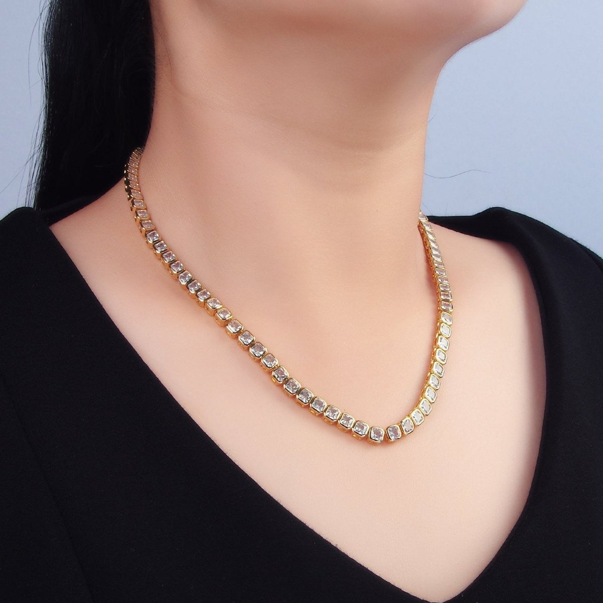 Gorgeous 24K Gold Filled 5.3mm Princess Cut CZ Tennis Chain 16 Inch Necklace