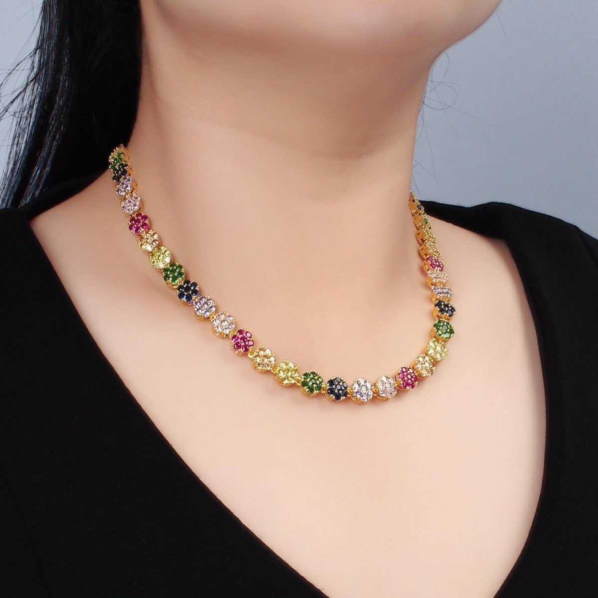 24K Gold Filled 7.8mm Multicolor CZ Flower 15.5 Inch Choker Necklace in Gold & Silver