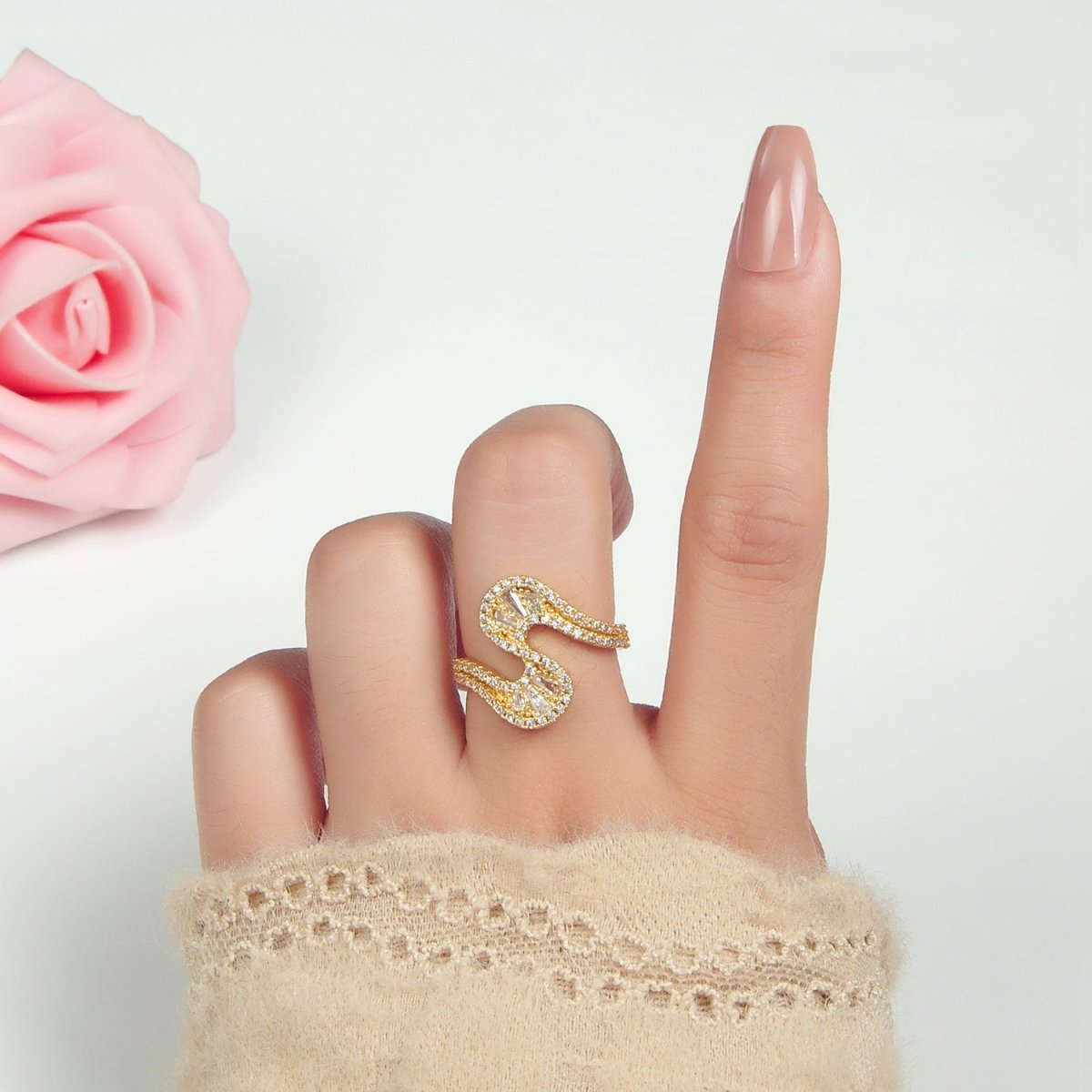 Trendy 24k Gold Filled Baguette CZ Micro Pave Curved Wavy Ring