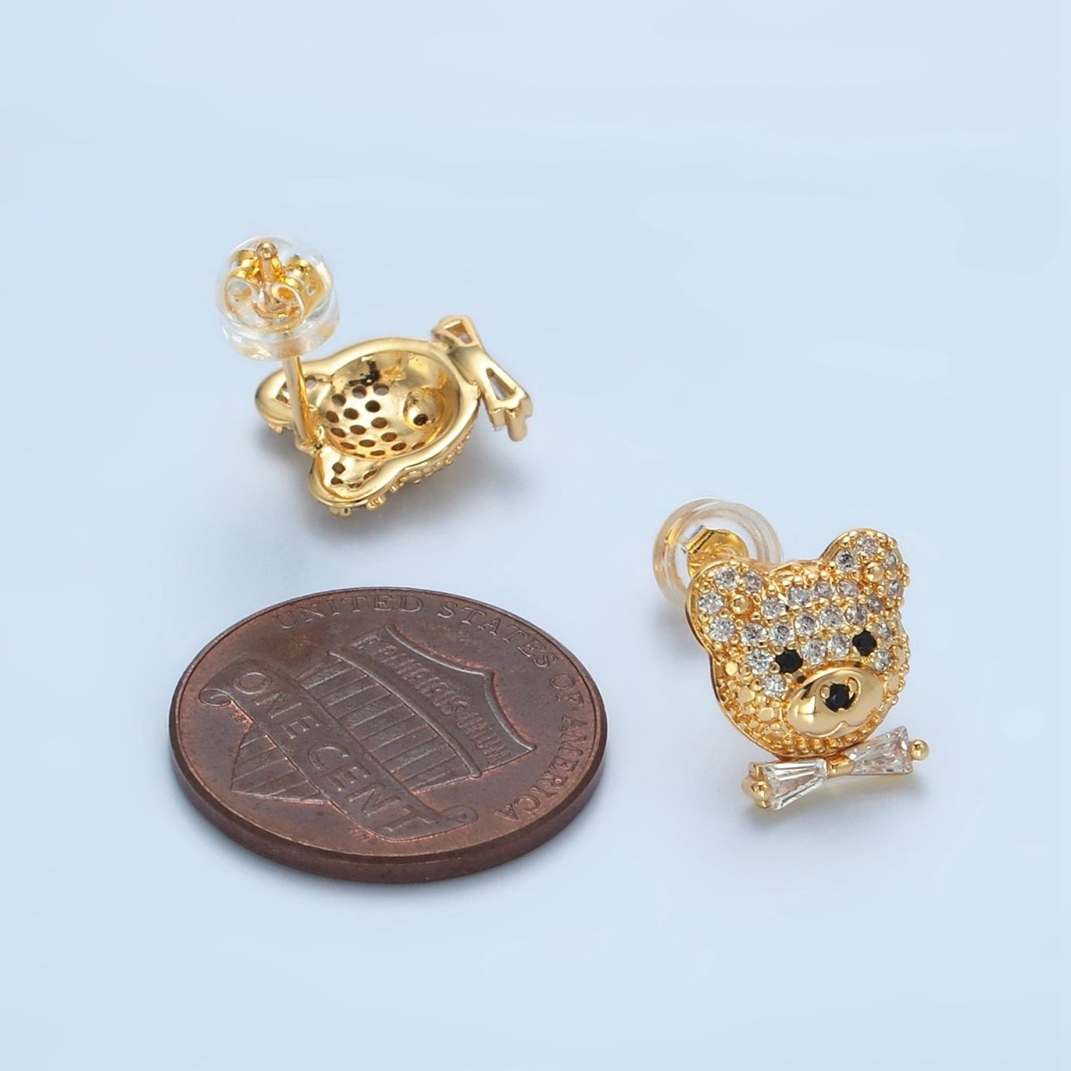 24K Gold Filled Teddy Bear Micro Paved CZ Baguette Tie Bow Stud Earrings