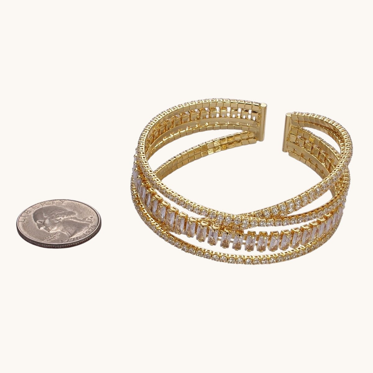 24K Gold Filled Baguette CZ Tennis Chain Multiple Band Cuff Bangle Bracelet