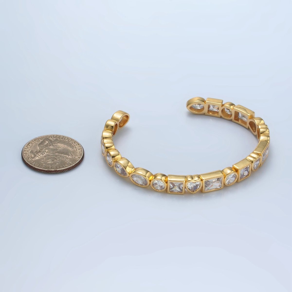 24K Gold Filled Clear CZ Baguette Round Oval Lined Bangle Cuff Bracelet