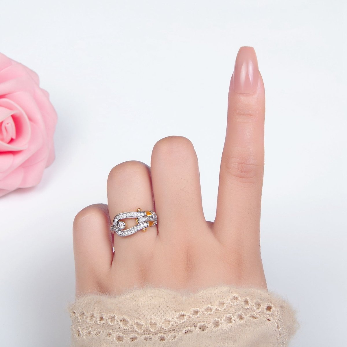24K Gold Filled Clear CZ Micro Pave Buckle Mixed Metal Ring