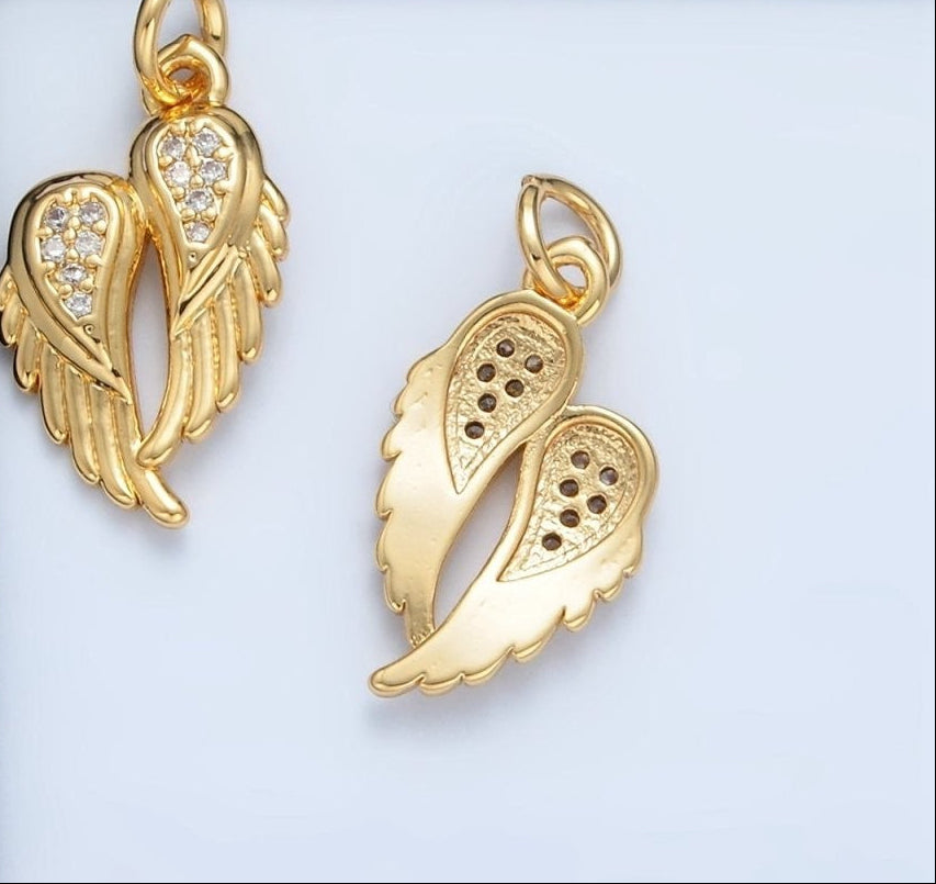 24K Gold Filled Clear CZ Micro Pave Double Angel Wings Charm