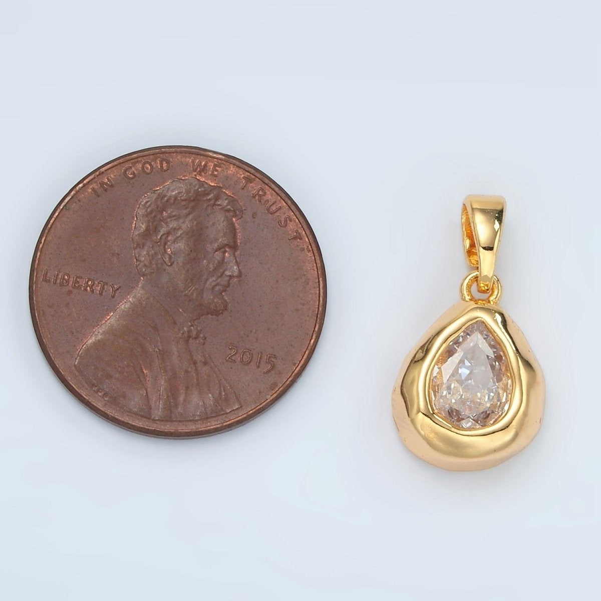 24K Gold Filled Clear CZ Teardrop Hammered Bezel Charm