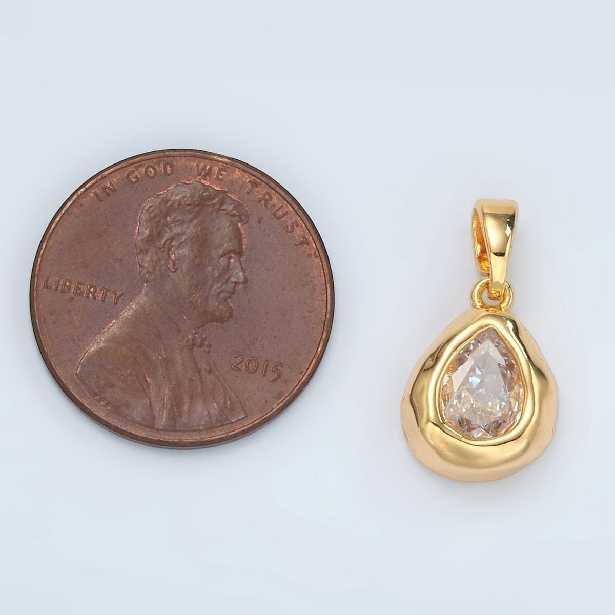 Tiny 24K Gold Filled 13mm x 10mm Clear CZ Teardrop Hammered Bezel Pendant
