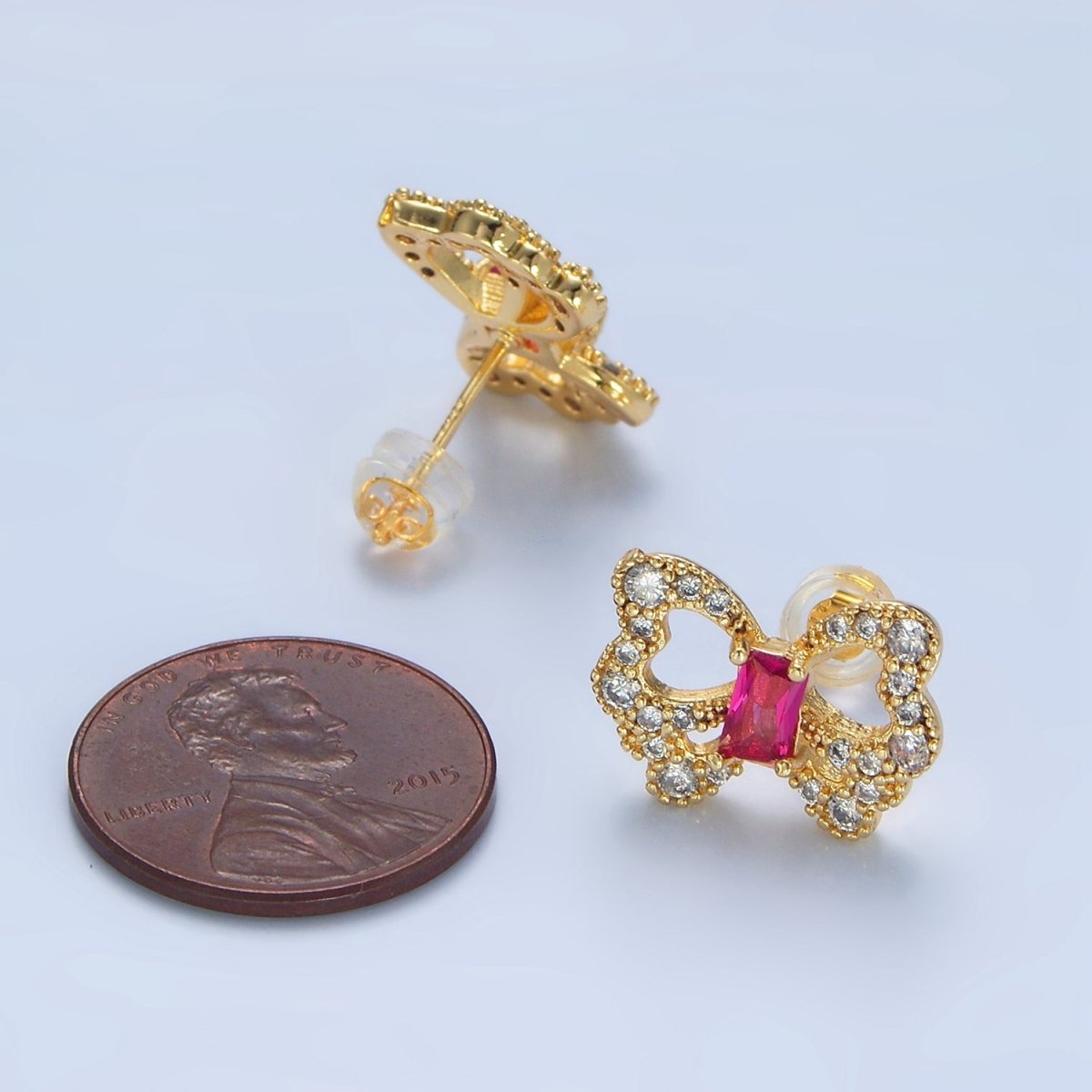 24K Gold Filled Clear, Fuchsia Baguette Micro Pave CZ Butterfly Stud Earrings