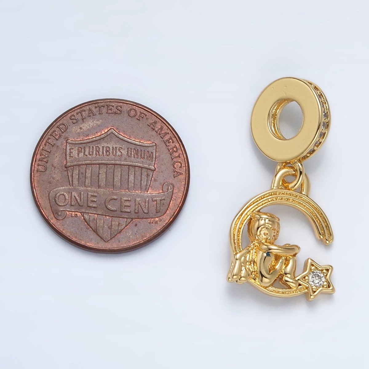 24K Gold Filled 13mm Crescent Moon Star Boy Micro Paved Rondelle Bail Drop Pendant