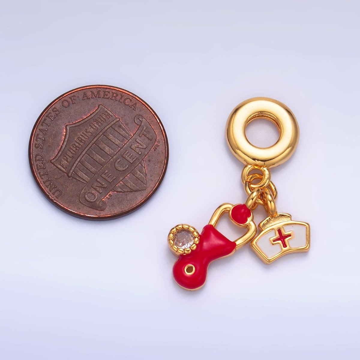 24K Gold-Filled CZ Enamel Nurse Doctor Stethoscope Rondelle Drop Pendant