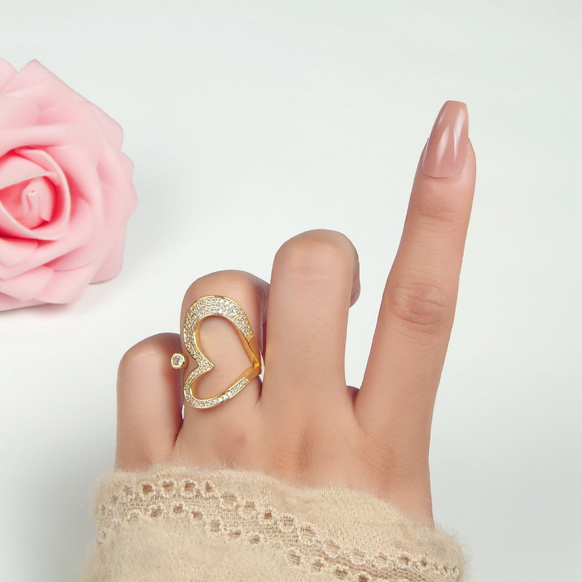 24K Gold Filled Micro Paved CZ Sideway Open Heart Ring