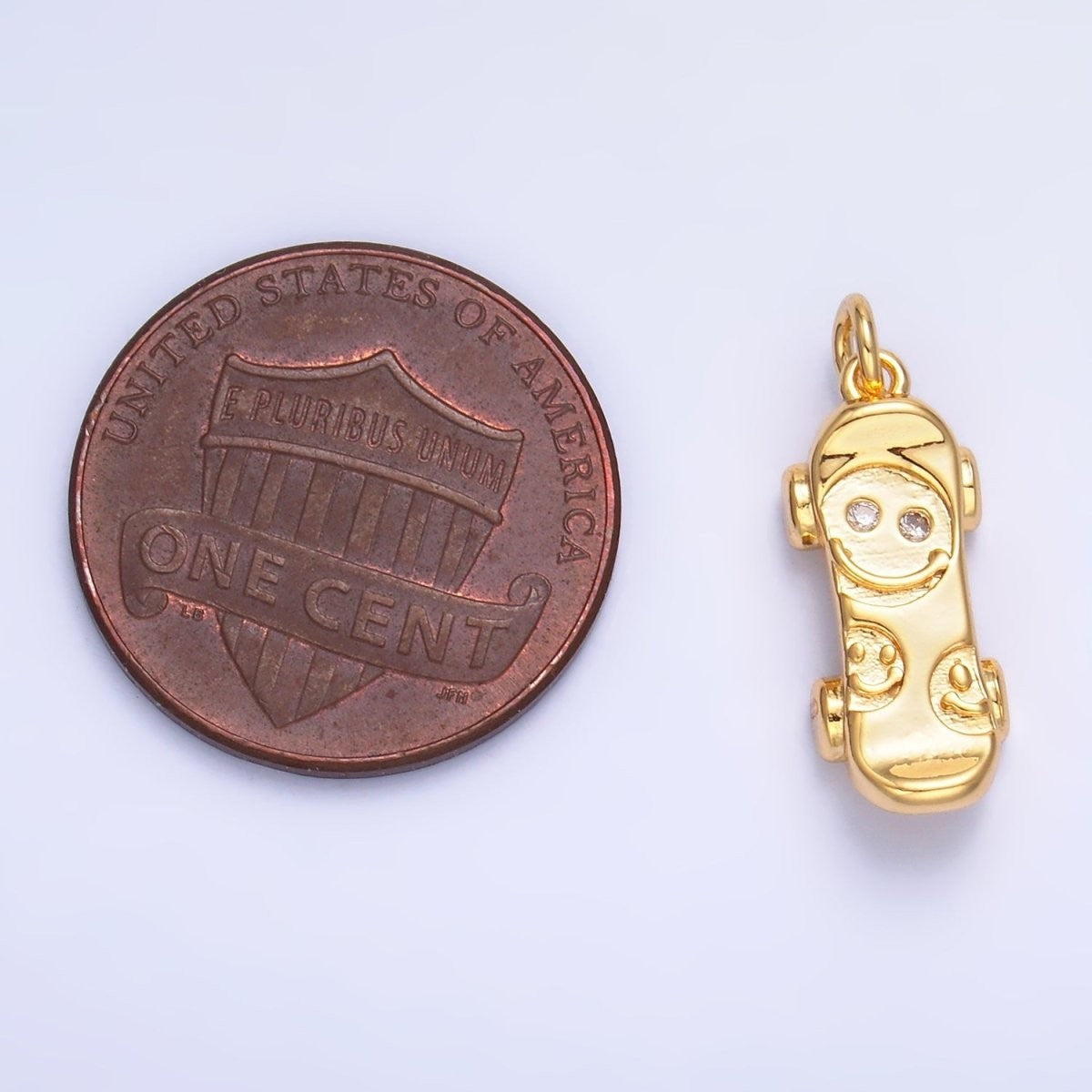 Tiny 24K Gold Filled 16.6mm CZ Smiley Face Skateboard Charm in Gold & Silver