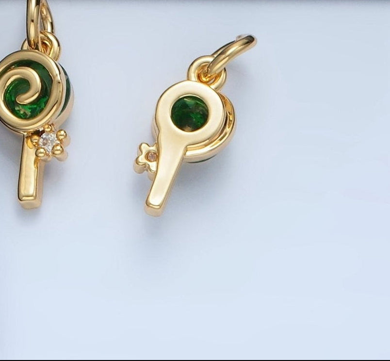 24K Gold Filled Green CZ Sweet Swirl Lollipop Candy Charm