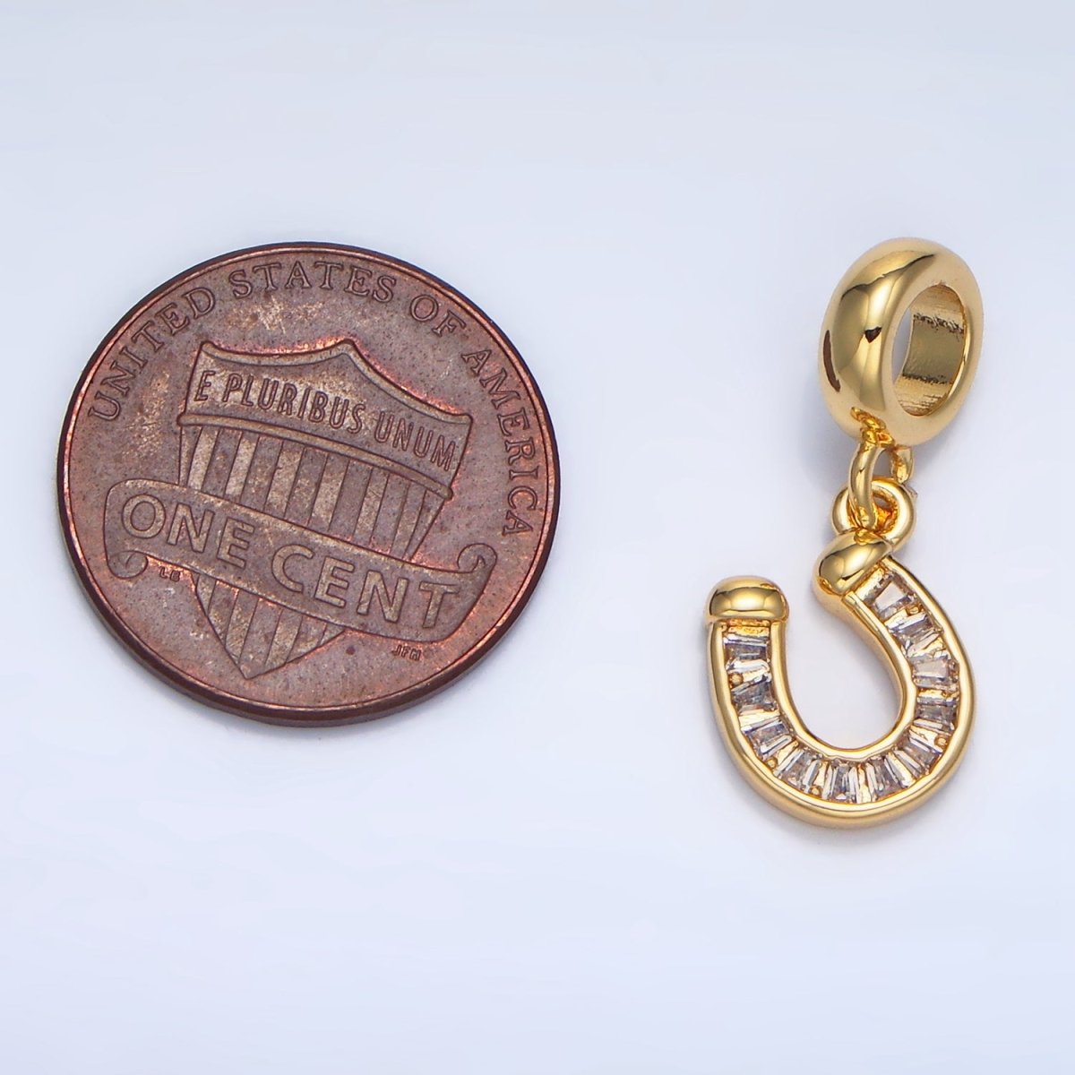 Sweet 24K Gold-Filled 13mm Good Luck Horseshoe Clear Baguette CZ Rondelle Bail Drop Pendant
