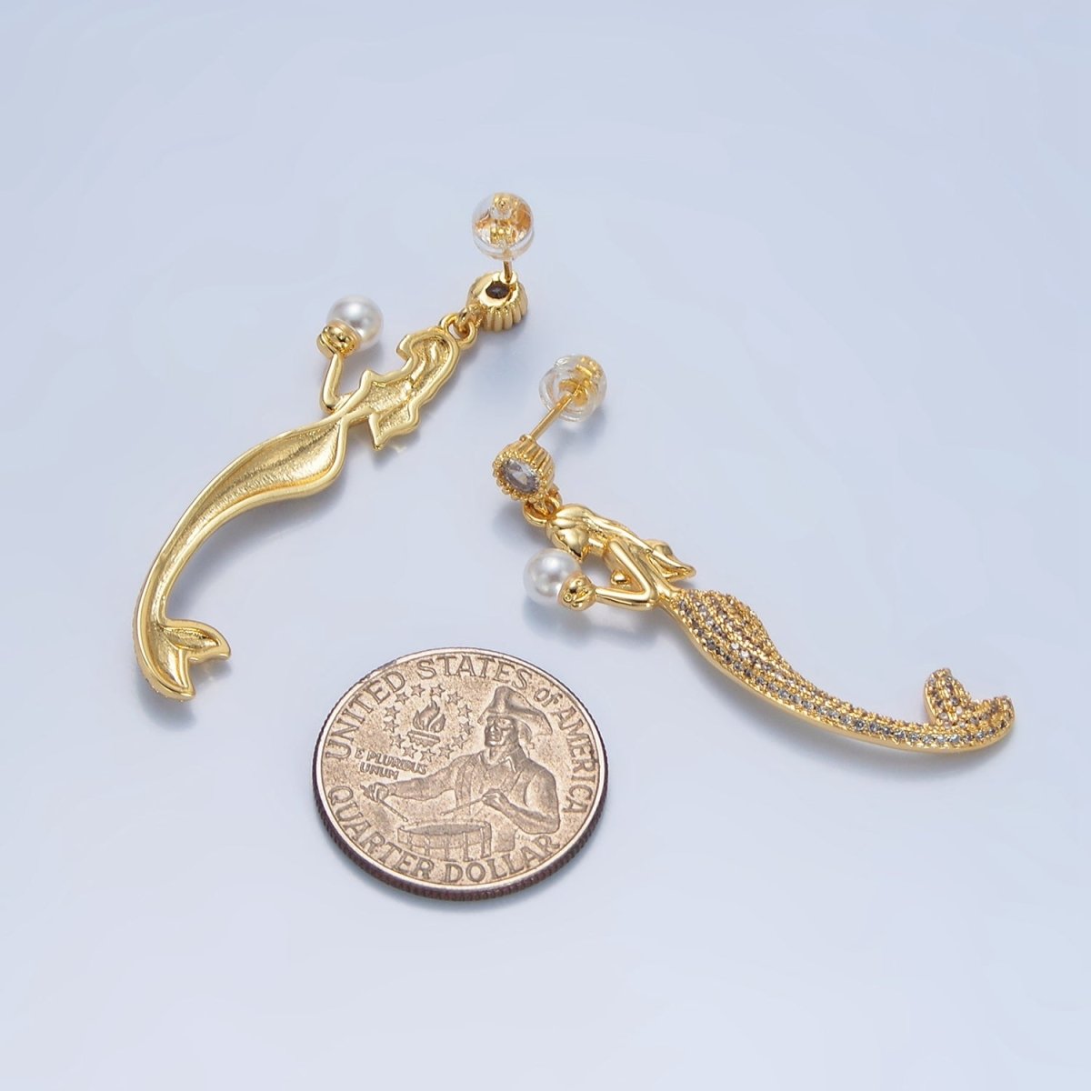 24K Gold Filled Mermaid Shell Pearl Micro Paved CZ Drop Stud Earrings