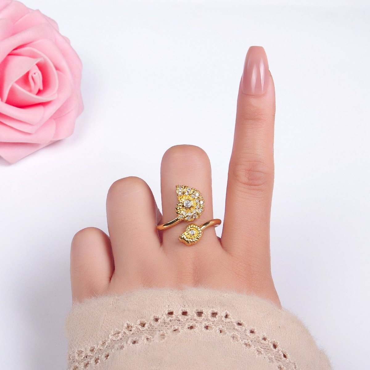 Beautiful 24K Gold Filled Micro Paved CZ Nautical Ocean Inspired Clam Shell Pearl Wrap Ring
