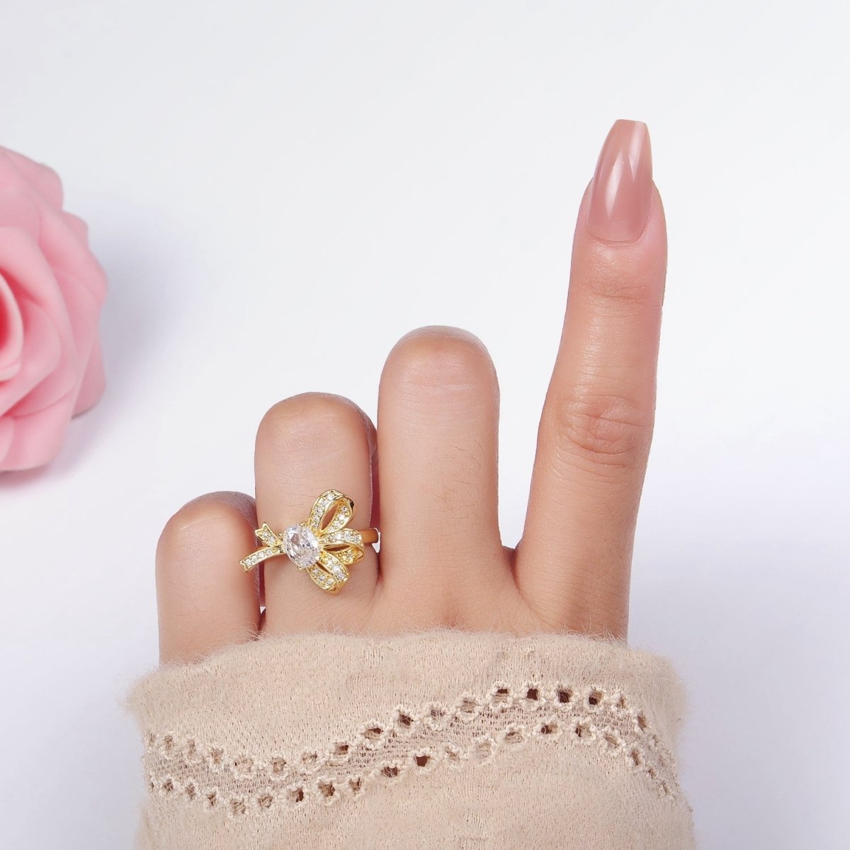 Beautiful 24K Gold-Filled Micro Pave CZ Knot Ribbon Bow Ring in Gold or Silver
