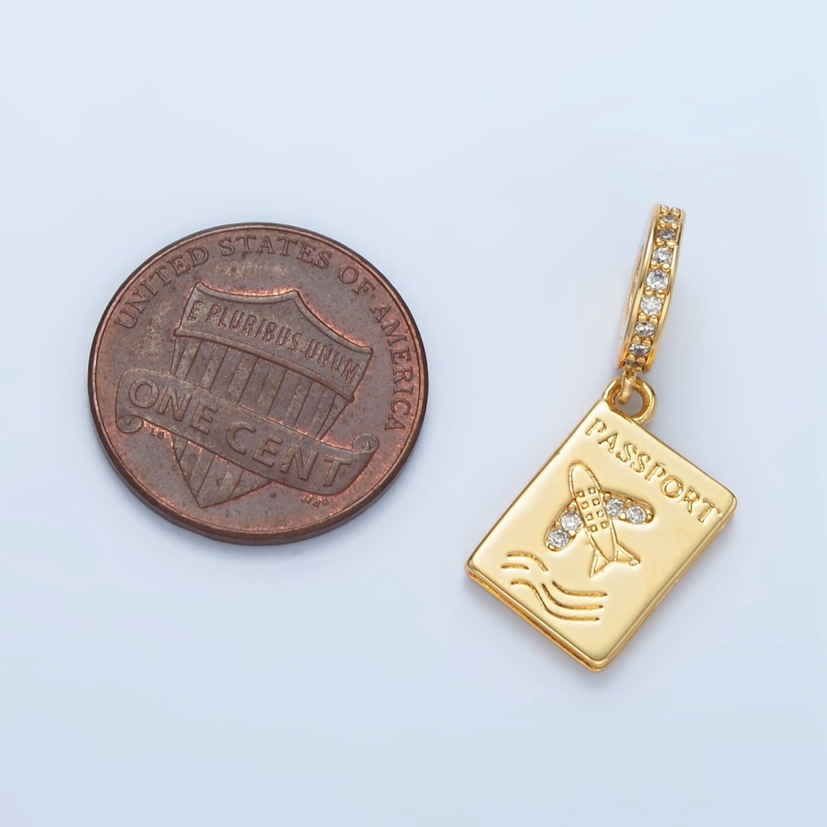 24K Gold Filled 15mm Micro Pave CZ Travel Passport Rondelle Drop Pendant