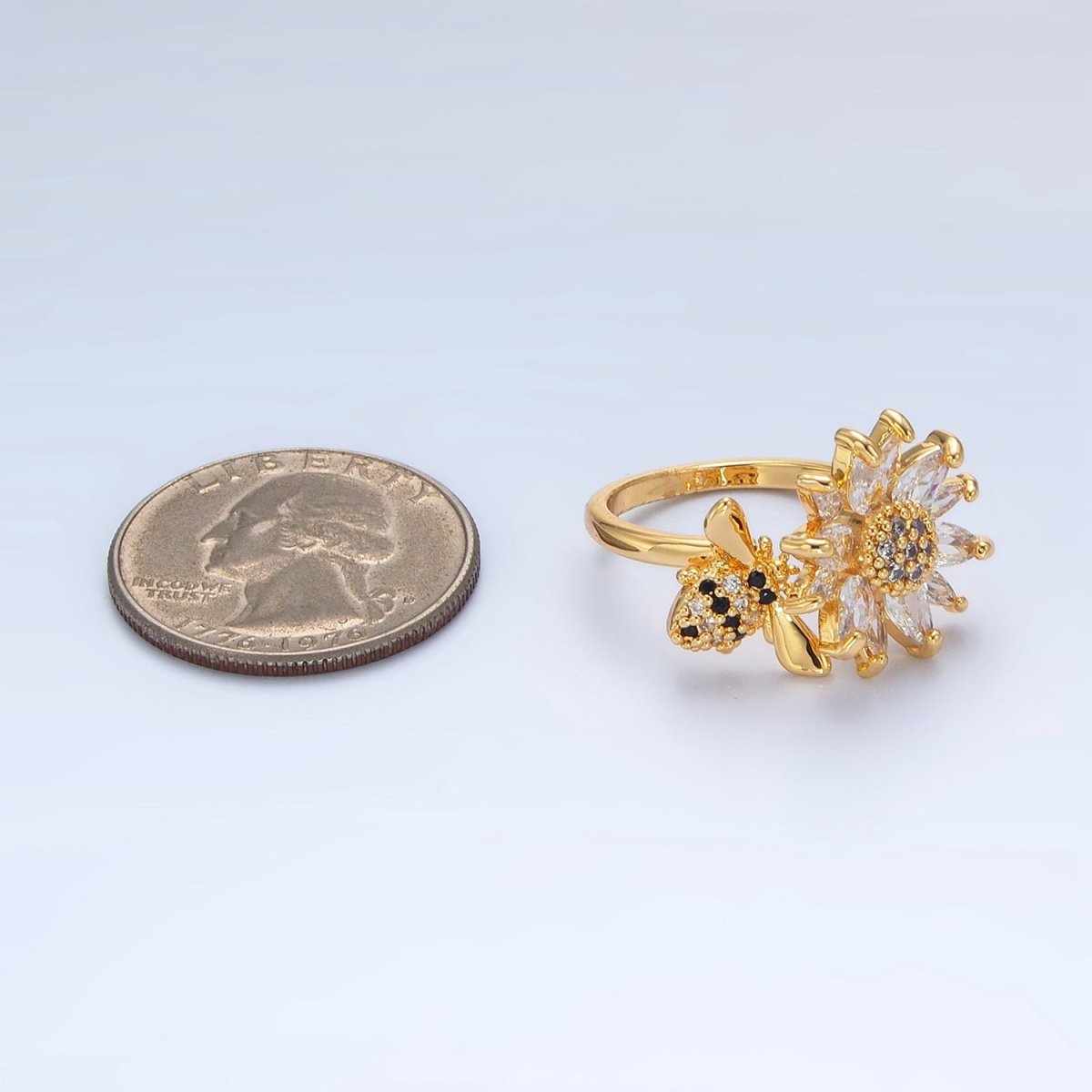 24K Gold Filled Micro Pave Marquise CZ Flower Bumble Bee Ring