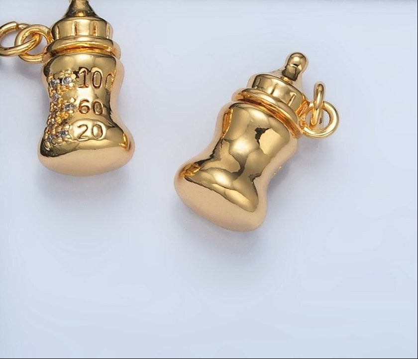24K Gold Filled Mini Baby Bottle Micro Pave CZ Multidimensional Charm