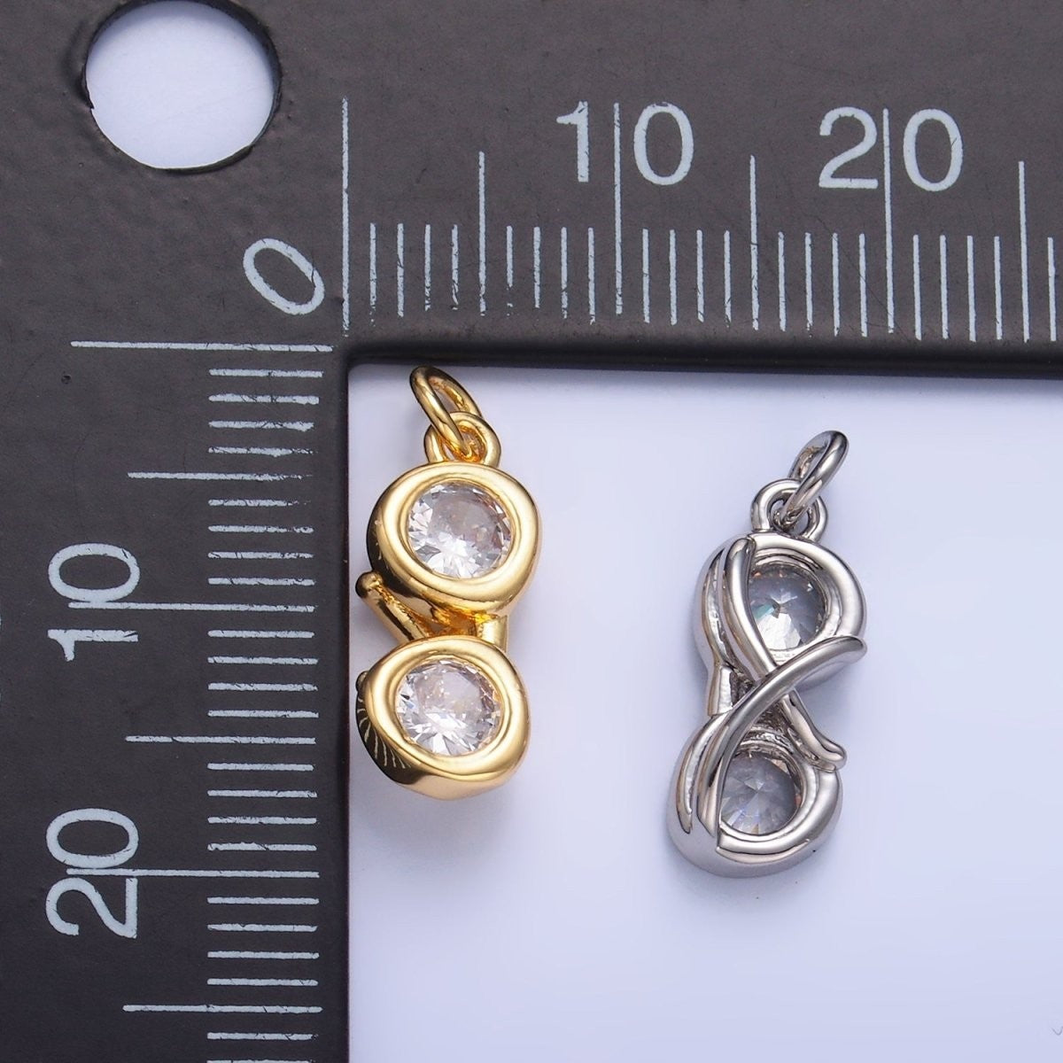 24K Gold Filled Mini Clear CZ Glasses 3D Multidimensional Charm in Gold & Silver