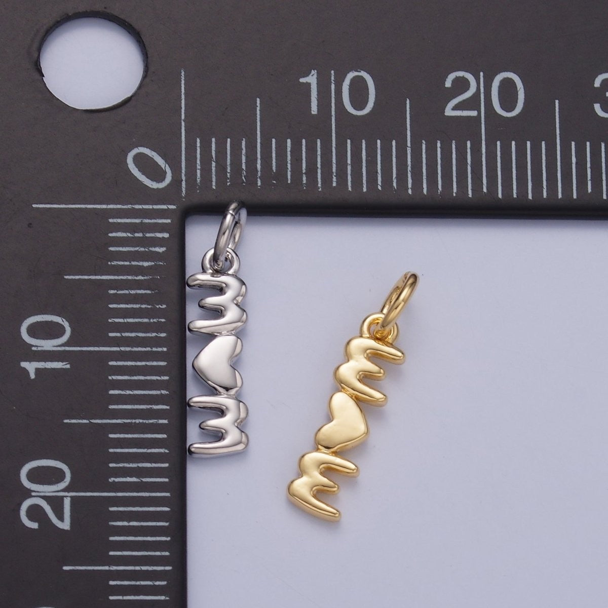 24K Gold Filled "MOM" Heart Script Charm in Gold & Silver