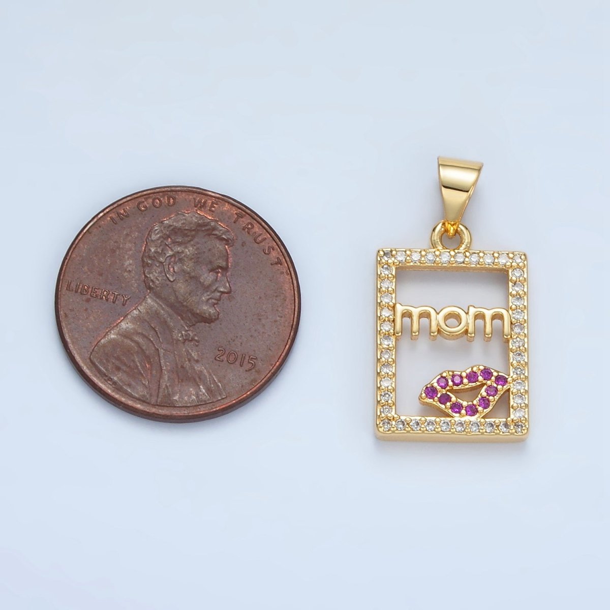 24K Gold-Filled 18mm "MOM" Script Lips Open Rectangular Micro Pave Pendant