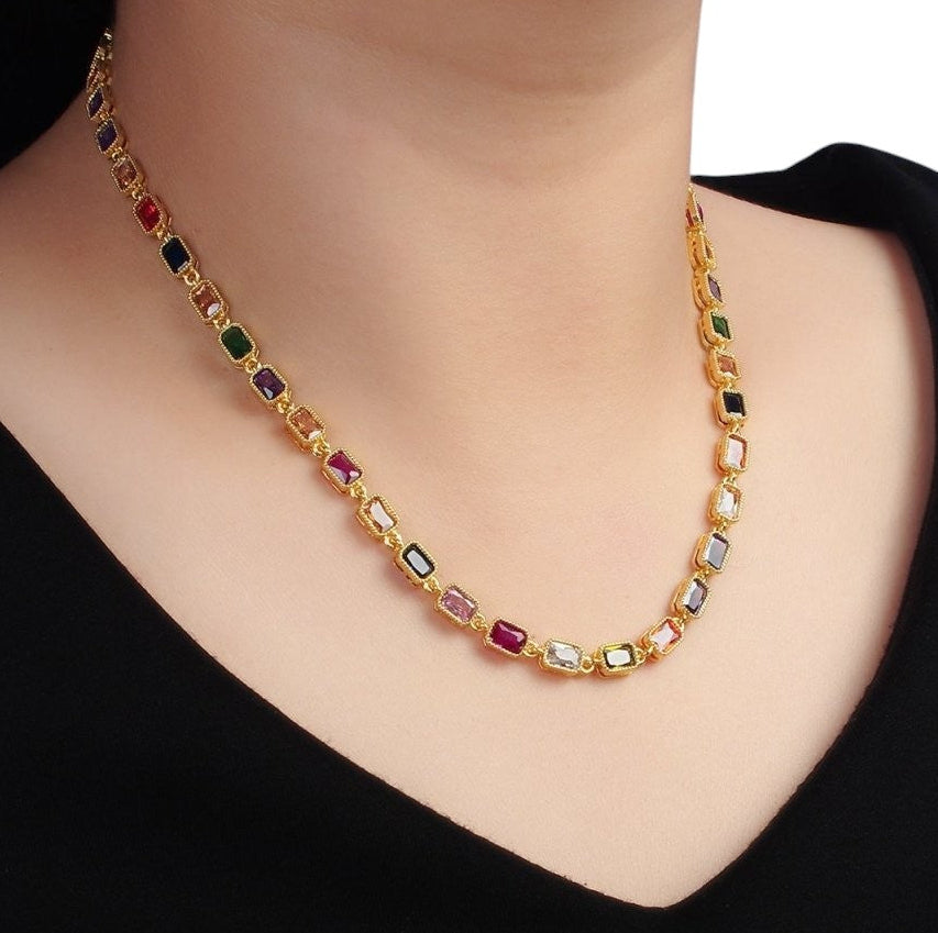 24K Gold Filled Multicolor CZ Baguette 15.5 Inch Necklace