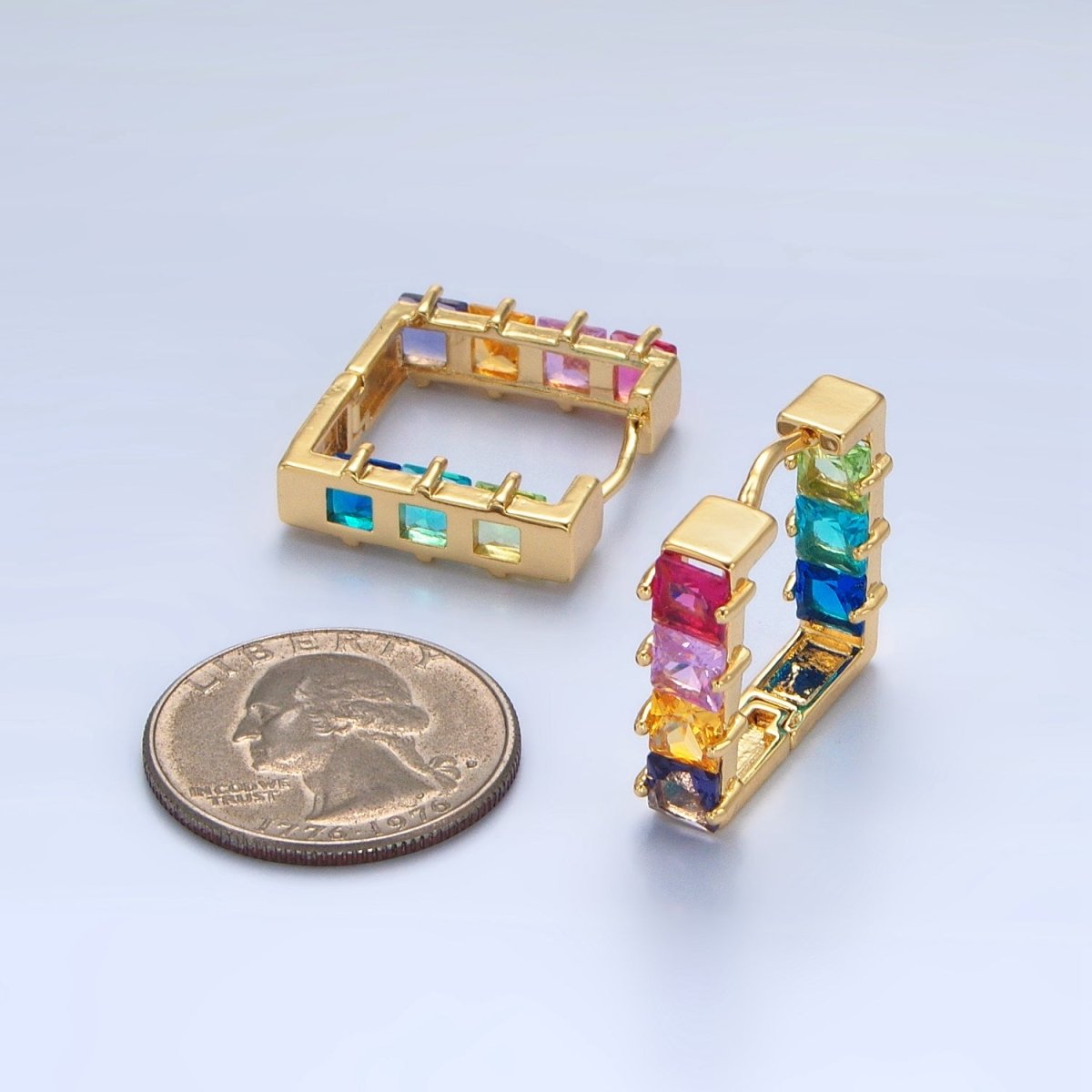 Beautiful 24K Gold Filled Multicolor Square CZ Front-Facing Square Huggie Earrings