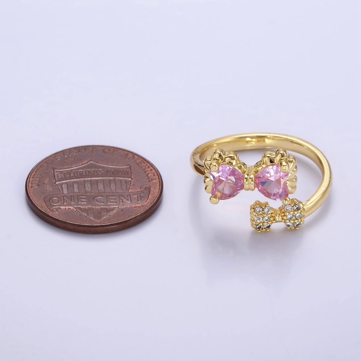 Sweet 24K Gold Filled Pink Bow Ring Micro Pave Clear or Pink CZ Ribbon Ring