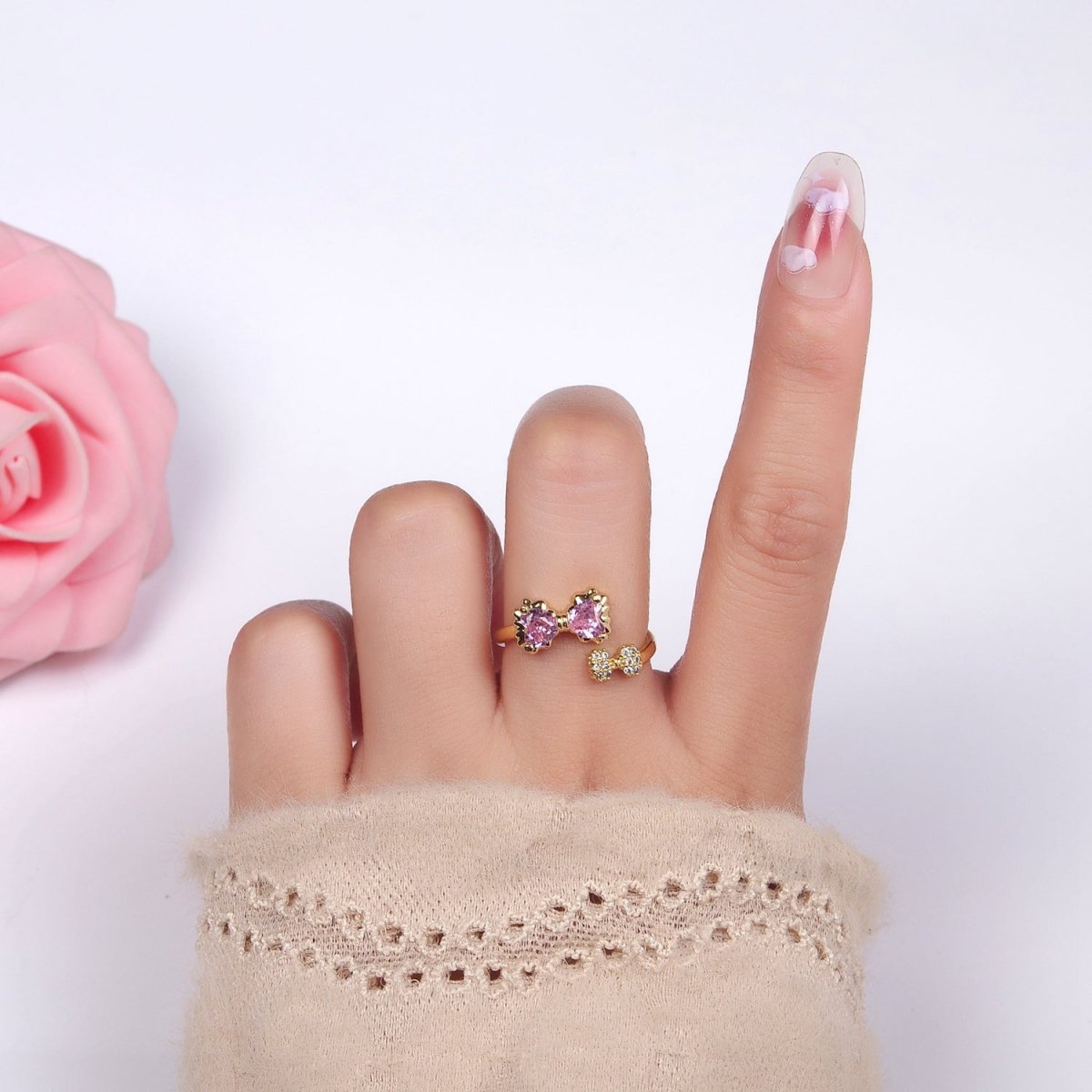 Sweet 24K Gold Filled Pink Bow Ring Micro Pave Clear or Pink CZ Ribbon Ring