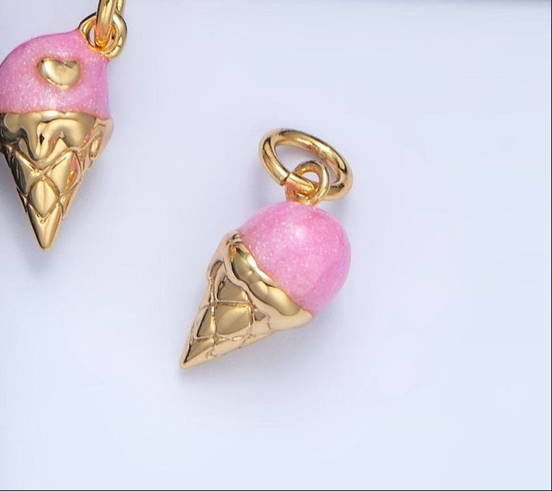 24K Gold Filled Pink Enamel Heart Melt Ice Cream Cone Desert Multidimensional Charm