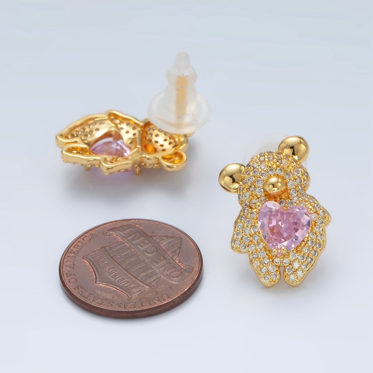 24K Gold Filled Pink Heart CZ Teddy Bear Micro Pave Stud Earrings