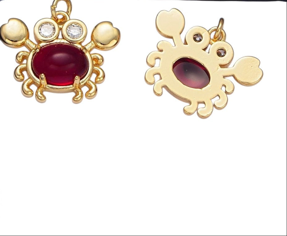24K Gold Filled Red Carnelian Gemstone CZ Crab Sea Animal Charm