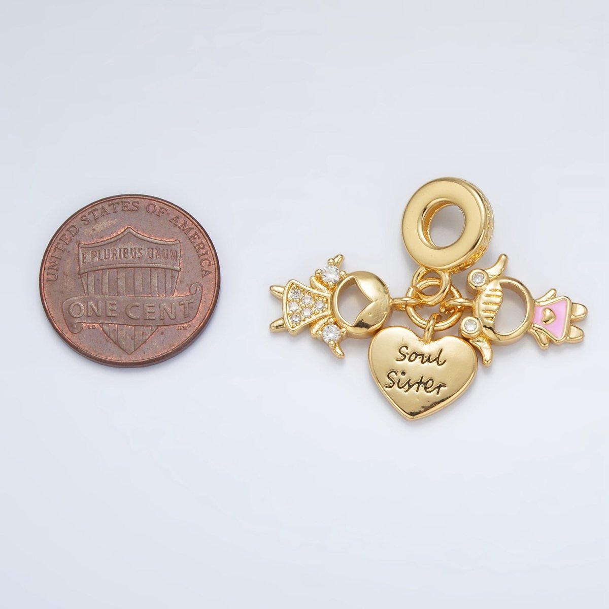 24K Gold-Filled 16mm Sisterhood "Soul Sister" Micro Pave Enamel Rondelle Bail Triple Drop Pendant