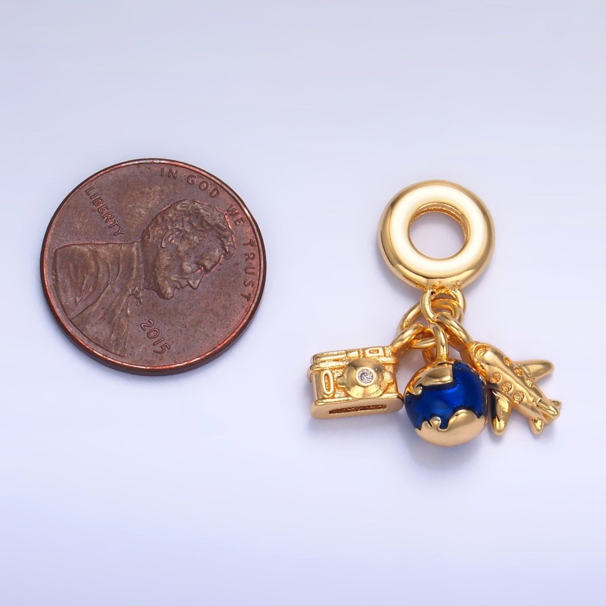 24K Gold-Filled Travel Globe Plane CZ Camera Rondelle Drop Pendant