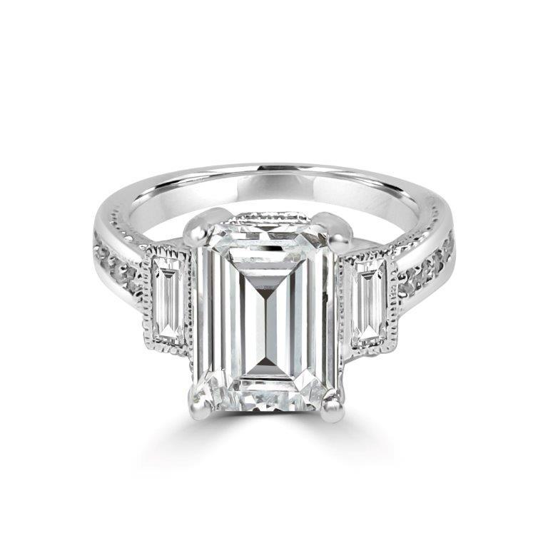 Sterling Silver 2.5CT Three Stone Emerald Cut Vintage Style Cubic Zirconia Engagement Ring