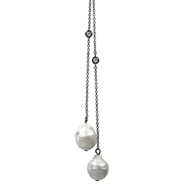 36" Cubic Zirconia with Two Genuine Baroque Pearls Tassel Necklace