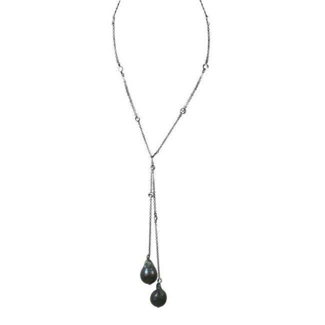 36" Cubic Zirconia with Two Genuine Baroque Pearls Tassel Necklace