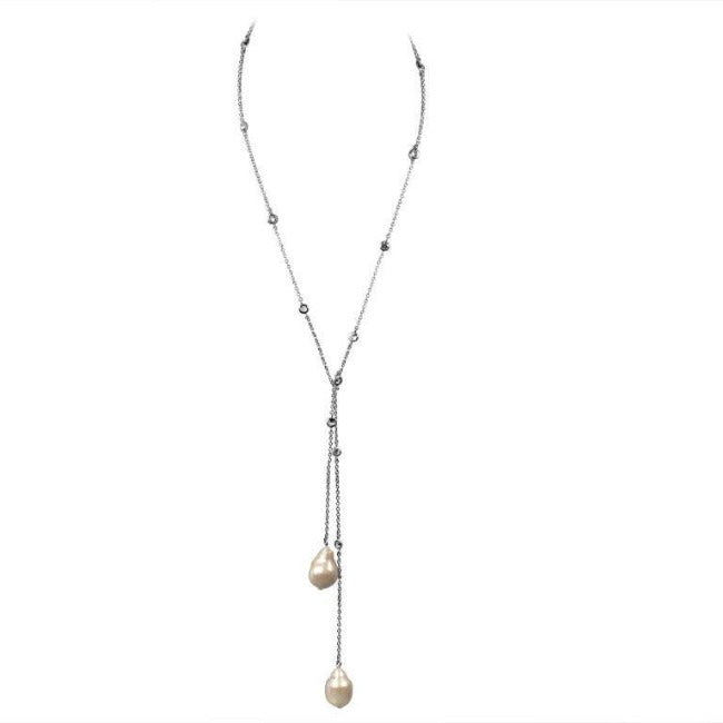 36" Cubic Zirconia with Two Genuine Baroque Pearls Tassel Necklace