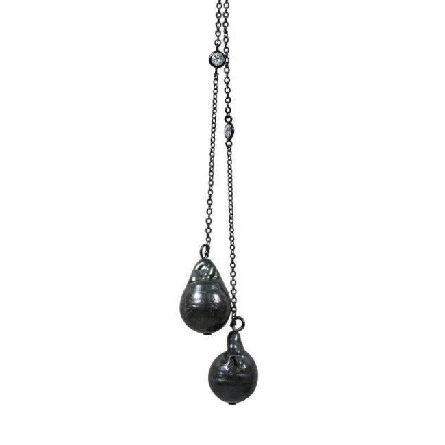 36" Cubic Zirconia with Two Genuine Baroque Pearls Tassel Necklace