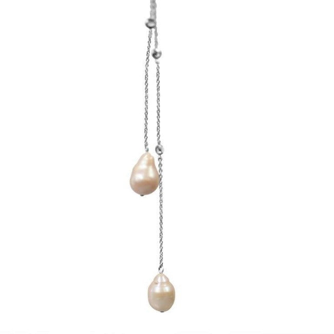 36" Cubic Zirconia with Two Genuine Baroque Pearls Tassel Necklace